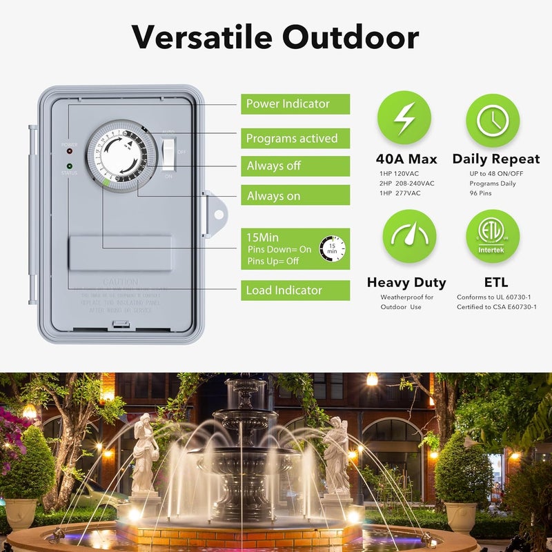 BN-LINK Pool Pump Timer Outdoor Mechanical Timer Box, Heavy Duty 24 Hour Programmable, 2HP 40A Max, 120, 240, 277 VAC, for Pool Pump, Water Heater, Fans, SPA - Image 2